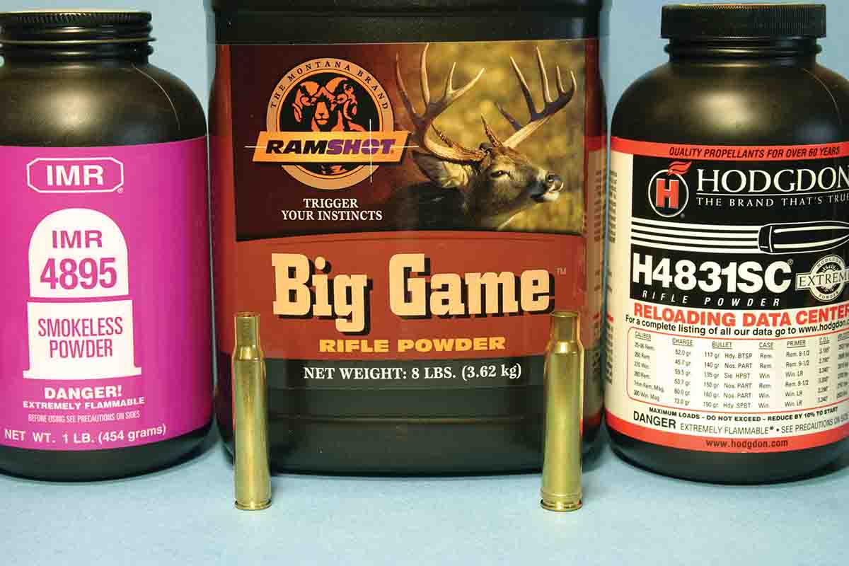 The .338 Winchester Magnum case (right) has just about the same bore-to-powder capacity ratio as the .30-06 (left), so it works well with the same basic range of medium- to slow-burning powders, depending on bullet weight.